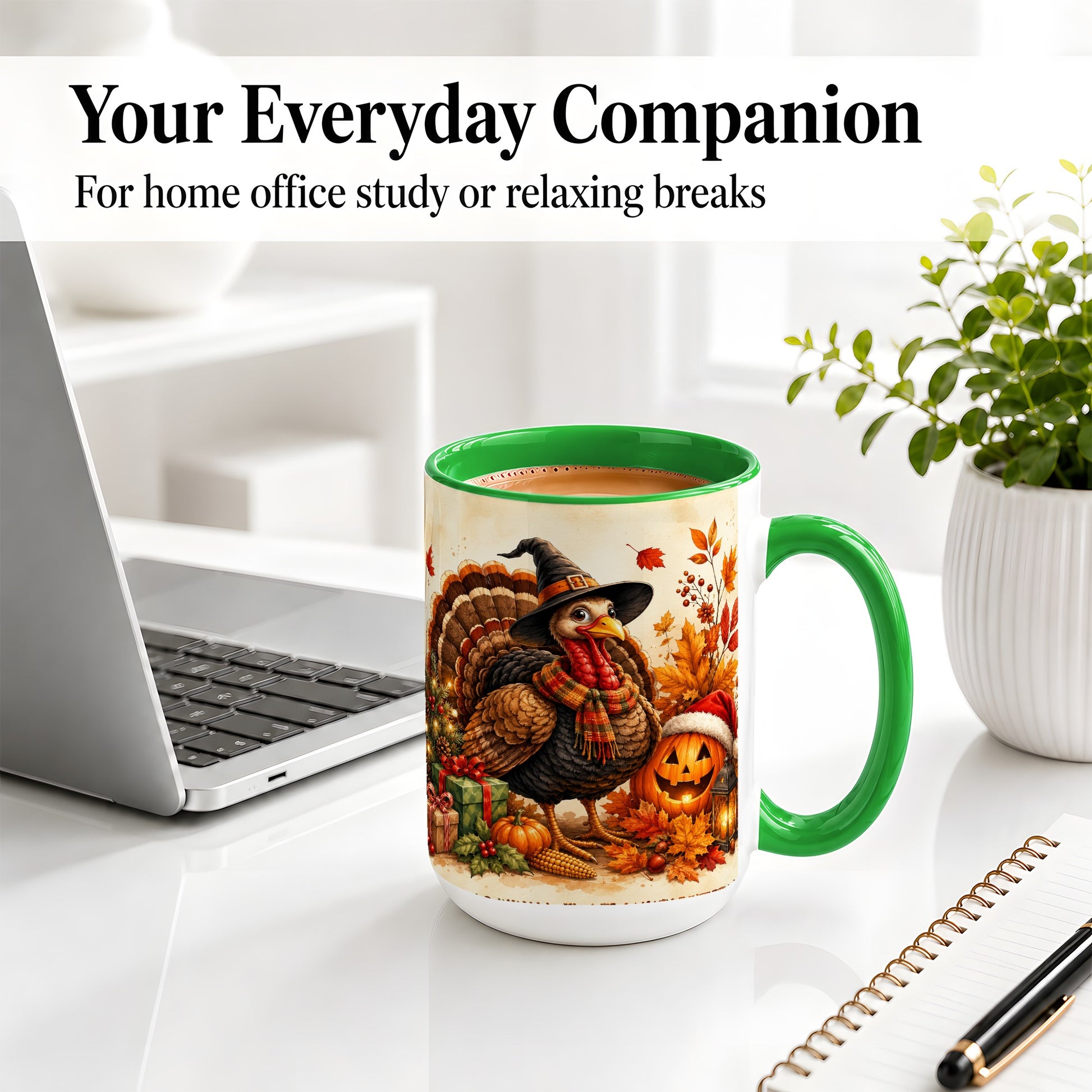 #pl[15oz|Green] Holiday Turkey Accent Mug, Ceramic Mug with Witch Hat Autumn Art
