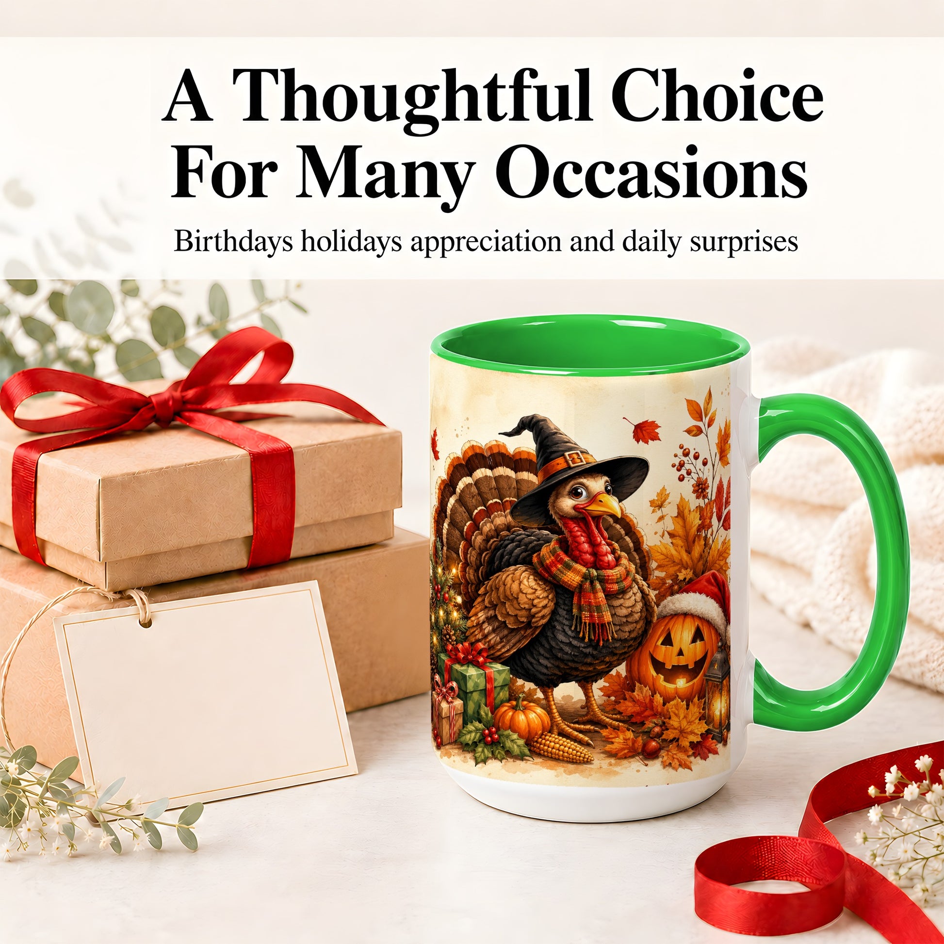 #pl[15oz|Green] Holiday Turkey Accent Mug, Ceramic Mug with Witch Hat Autumn Art