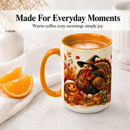#pl[15oz|Orange] Holiday Turkey Accent Mug, Ceramic Mug with Witch Hat Autumn Art