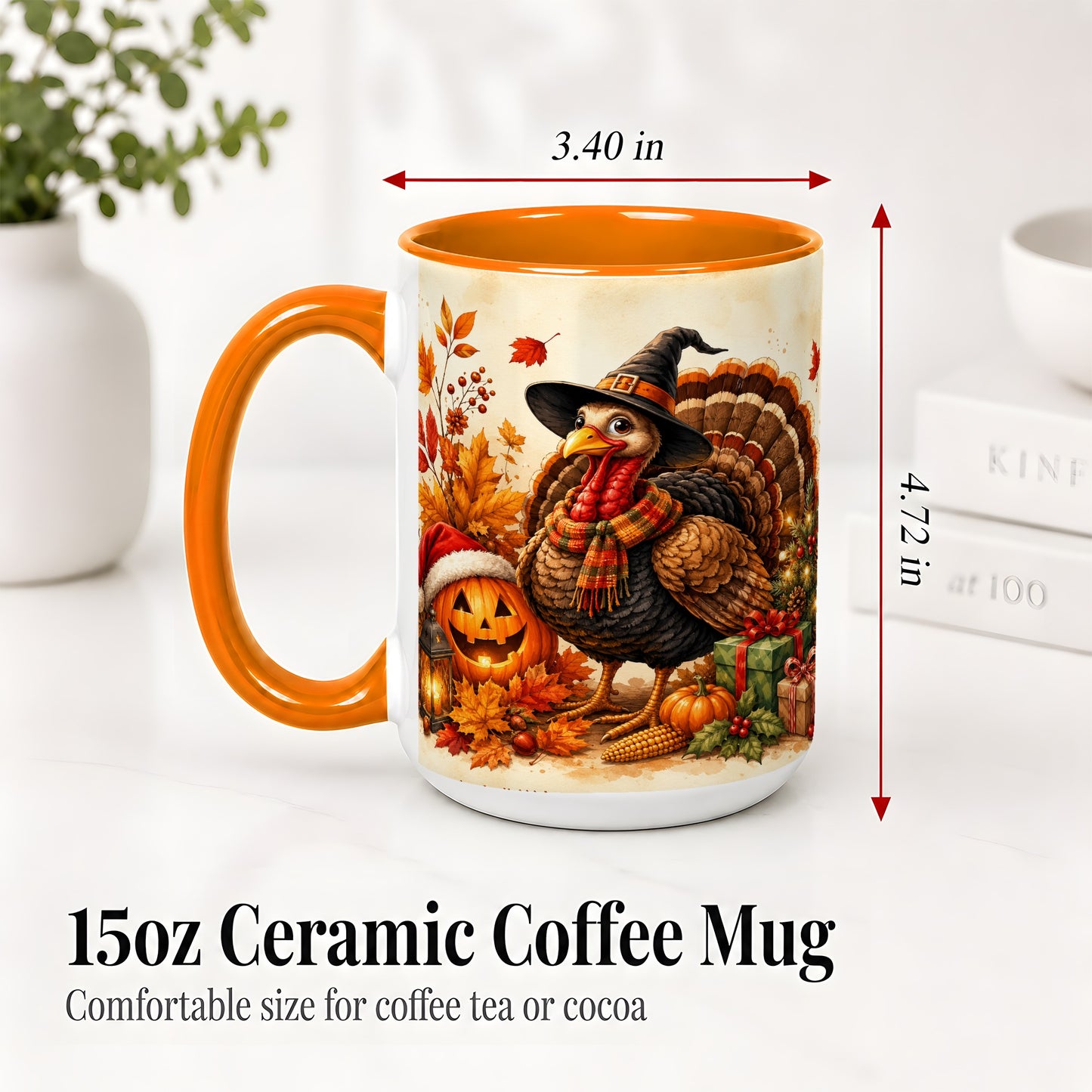 #pl[15oz|Orange] Holiday Turkey Accent Mug, Ceramic Mug with Witch Hat Autumn Art