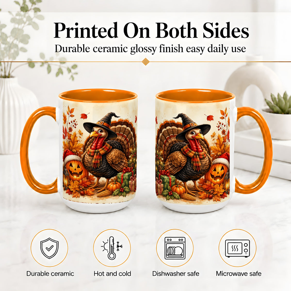 #pl[15oz|Orange] Holiday Turkey Accent Mug, Ceramic Mug with Witch Hat Autumn Art