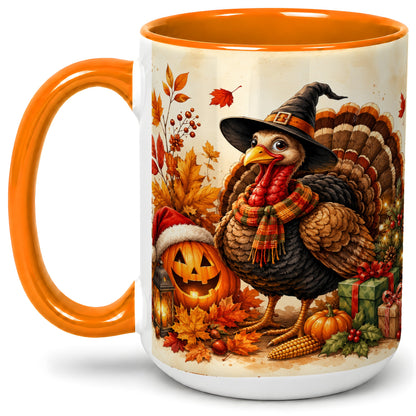 #pl[15oz|Orange] Holiday Turkey Accent Mug, Ceramic Mug with Witch Hat Autumn Art