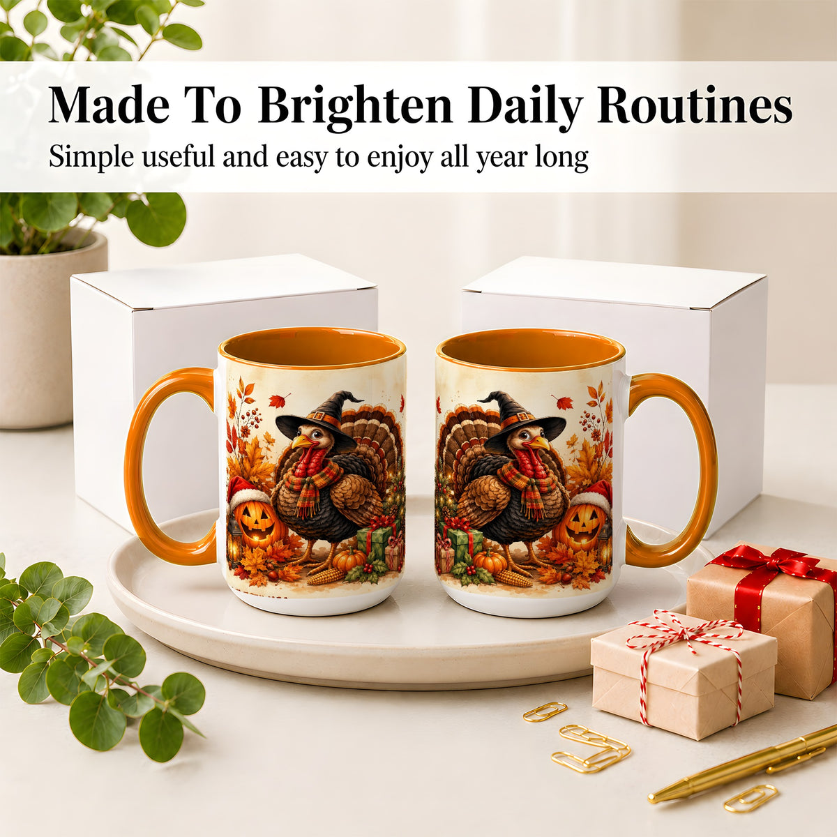 #pl[15oz|Orange] Holiday Turkey Accent Mug, Ceramic Mug with Witch Hat Autumn Art
