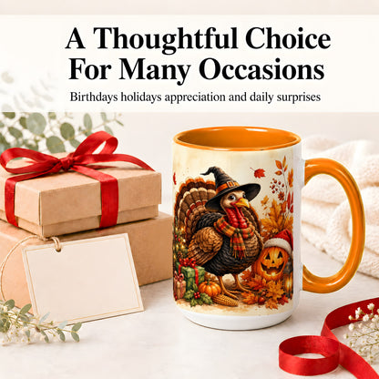 #pl[15oz|Orange] Holiday Turkey Accent Mug, Ceramic Mug with Witch Hat Autumn Art