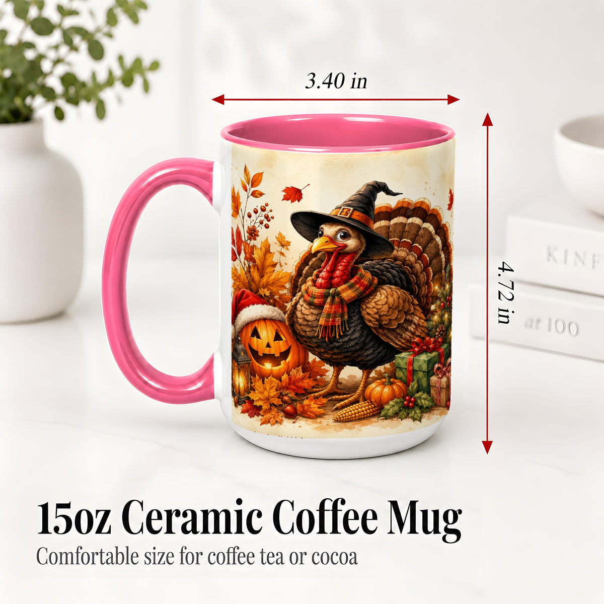 #pl[15oz|Pink] Holiday Turkey Accent Mug, Ceramic Mug with Witch Hat Autumn Art