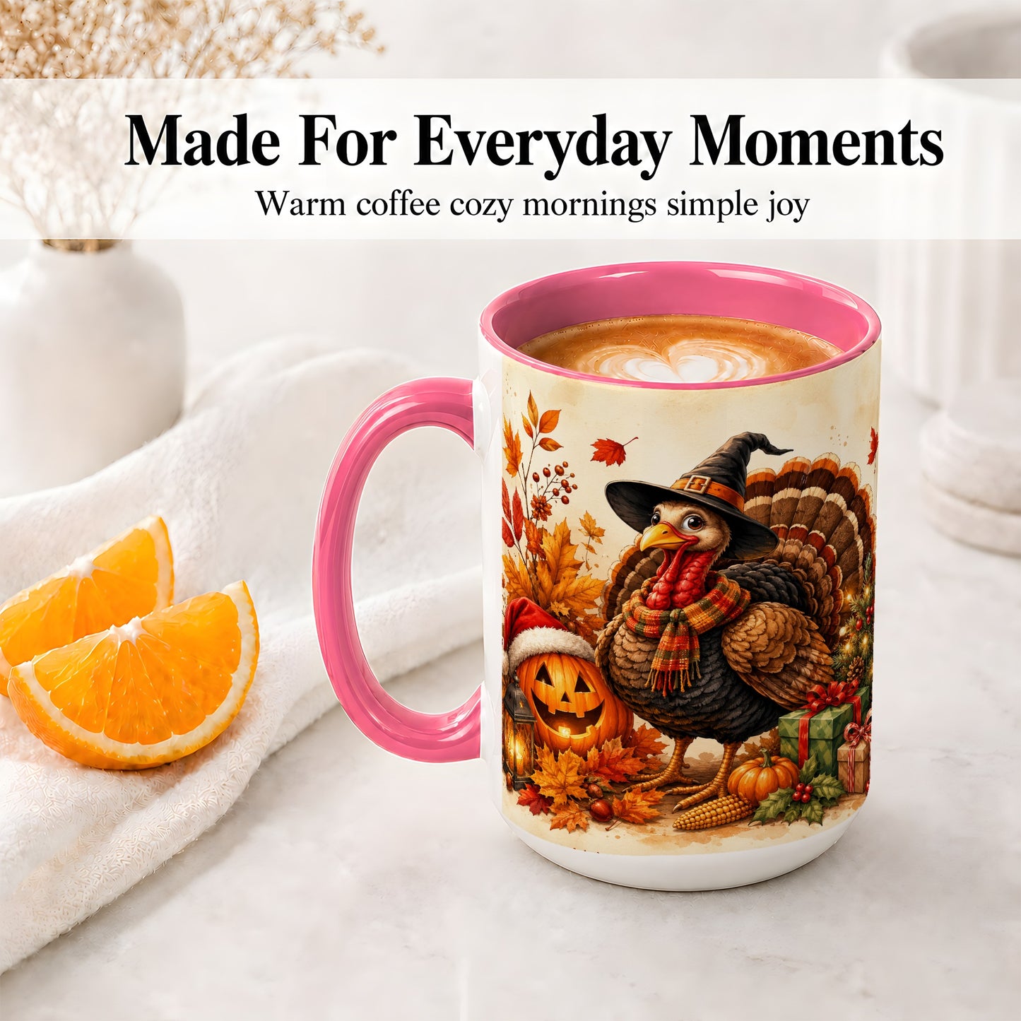#pl[15oz|Pink] Holiday Turkey Accent Mug, Ceramic Mug with Witch Hat Autumn Art