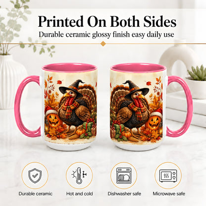 #pl[15oz|Pink] Holiday Turkey Accent Mug, Ceramic Mug with Witch Hat Autumn Art
