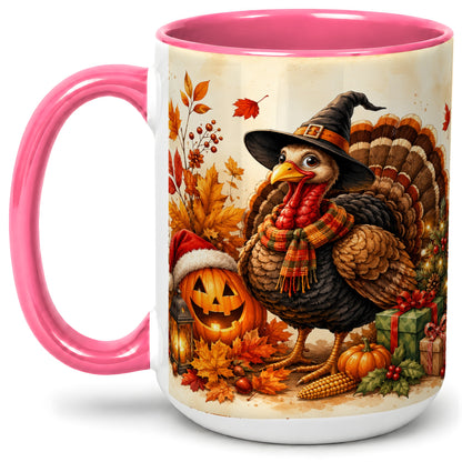 #pl[15oz|Pink] Holiday Turkey Accent Mug, Ceramic Mug with Witch Hat Autumn Art