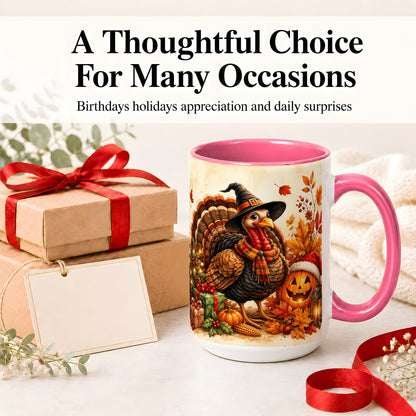 #pl[15oz|Pink] Holiday Turkey Accent Mug, Ceramic Mug with Witch Hat Autumn Art