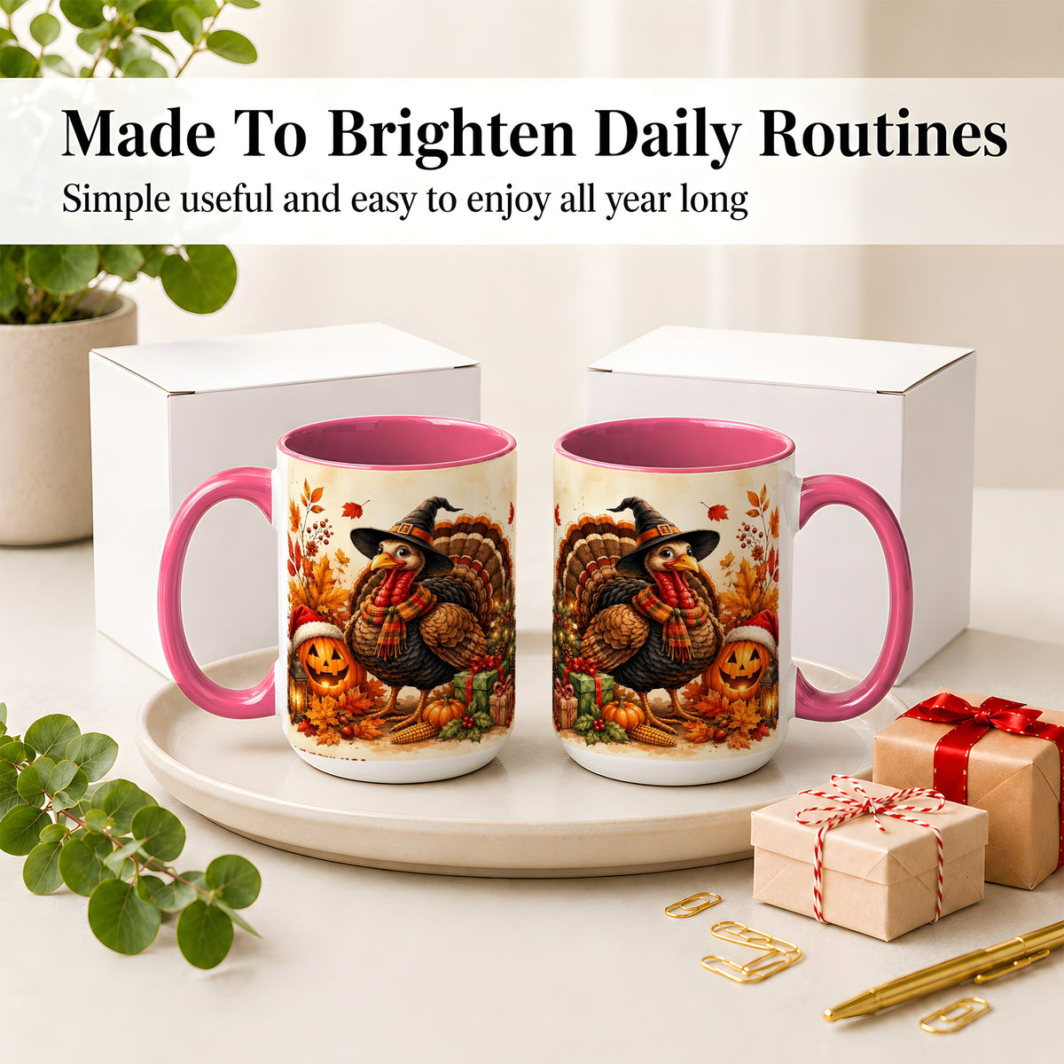 #pl[15oz|Pink] Holiday Turkey Accent Mug, Ceramic Mug with Witch Hat Autumn Art