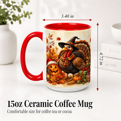 #pl[15oz|Red] Holiday Turkey Accent Mug, Ceramic Mug with Witch Hat Autumn Art