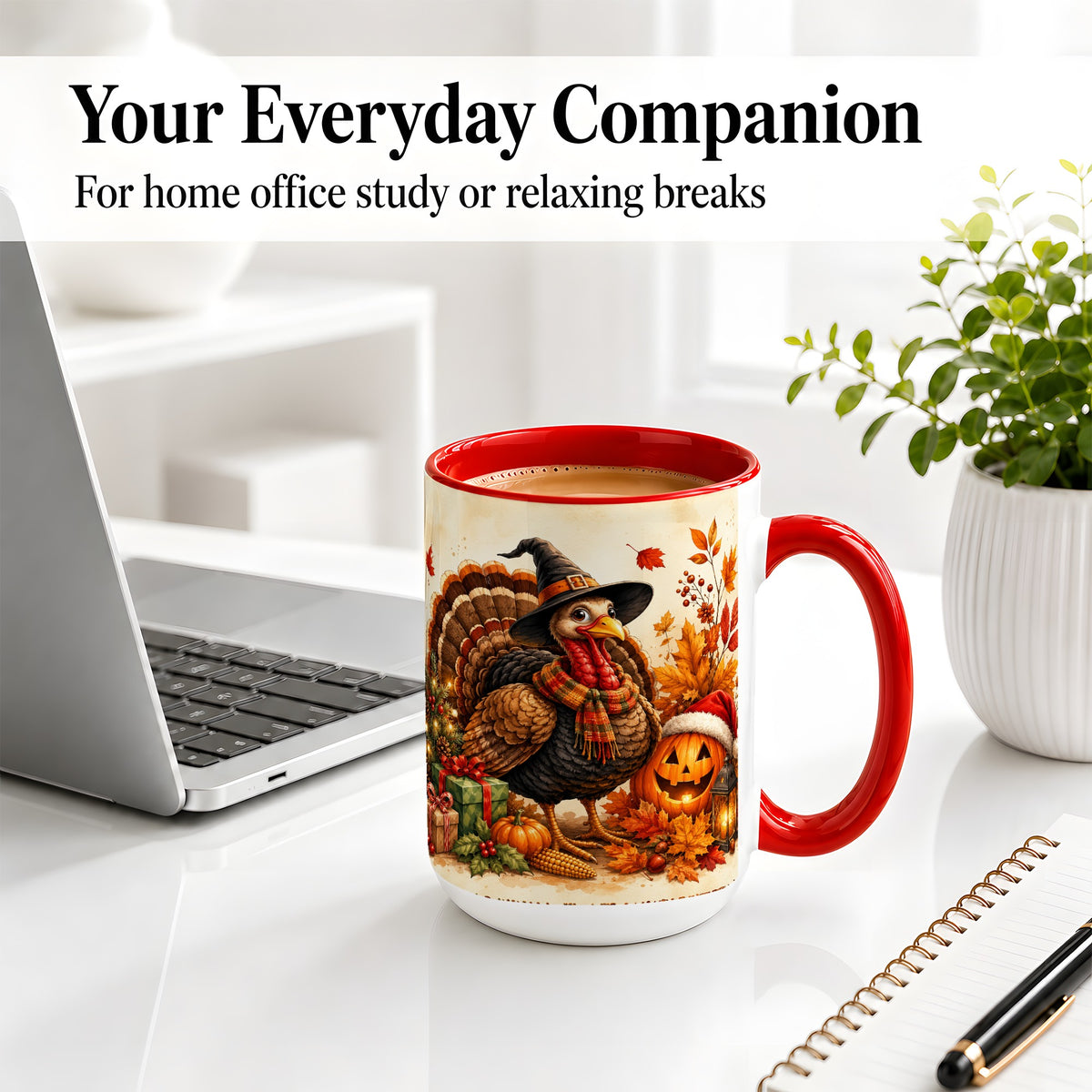 #pl[15oz|Red] Holiday Turkey Accent Mug, Ceramic Mug with Witch Hat Autumn Art