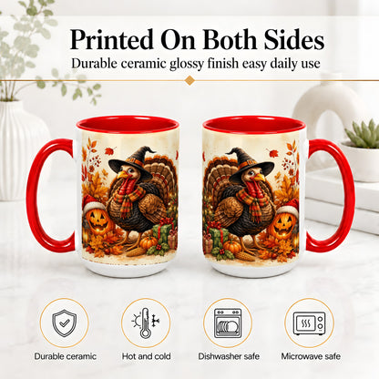 #pl[15oz|Red] Holiday Turkey Accent Mug, Ceramic Mug with Witch Hat Autumn Art