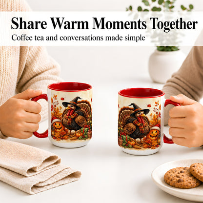 #pl[15oz|Red] Holiday Turkey Accent Mug, Ceramic Mug with Witch Hat Autumn Art