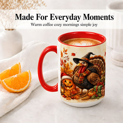 #pl[15oz|Red] Holiday Turkey Accent Mug, Ceramic Mug with Witch Hat Autumn Art