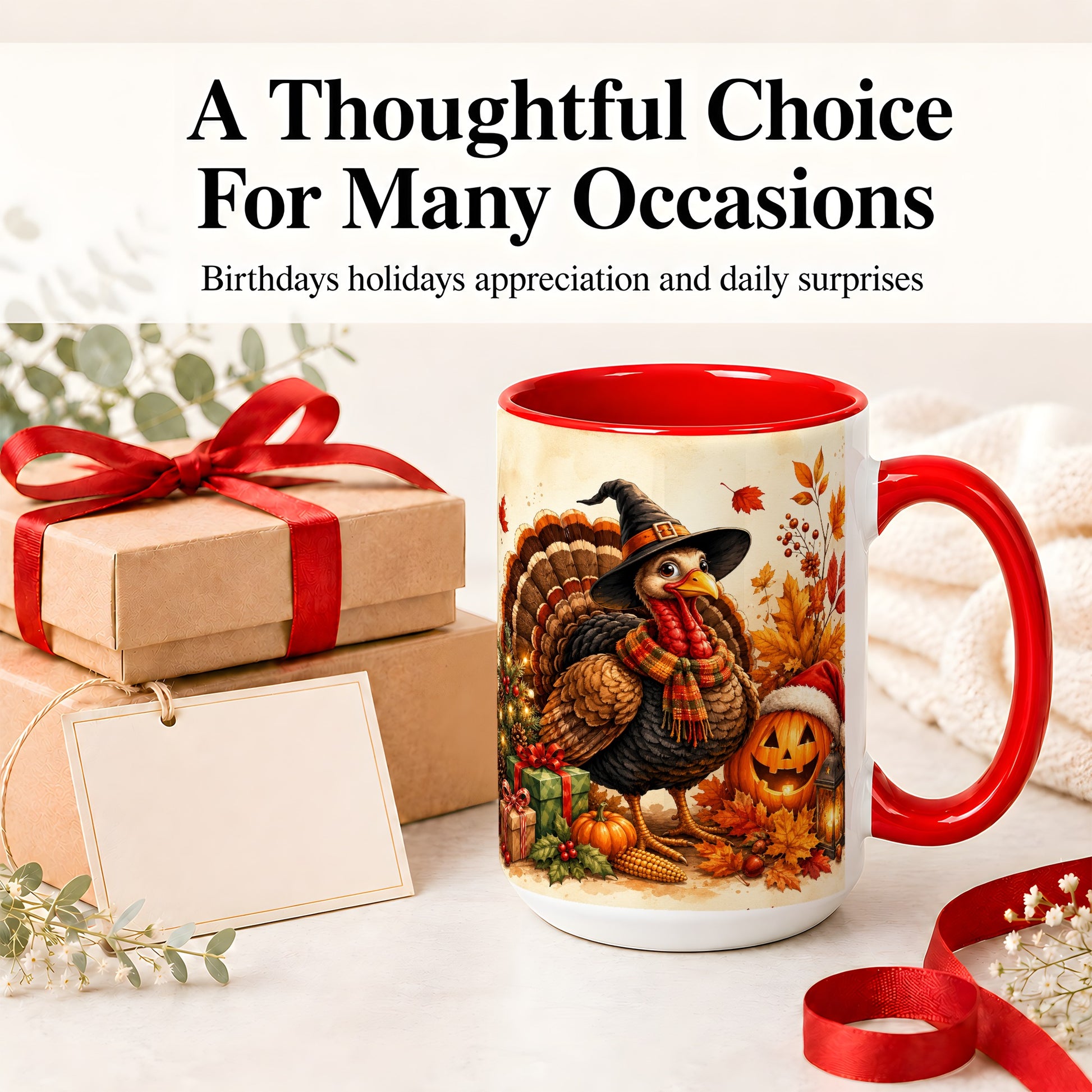 #pl[15oz|Red] Holiday Turkey Accent Mug, Ceramic Mug with Witch Hat Autumn Art