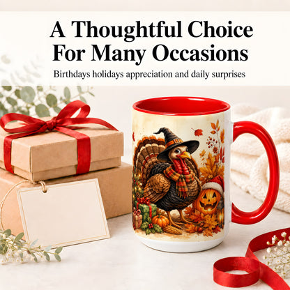 #pl[15oz|Red] Holiday Turkey Accent Mug, Ceramic Mug with Witch Hat Autumn Art