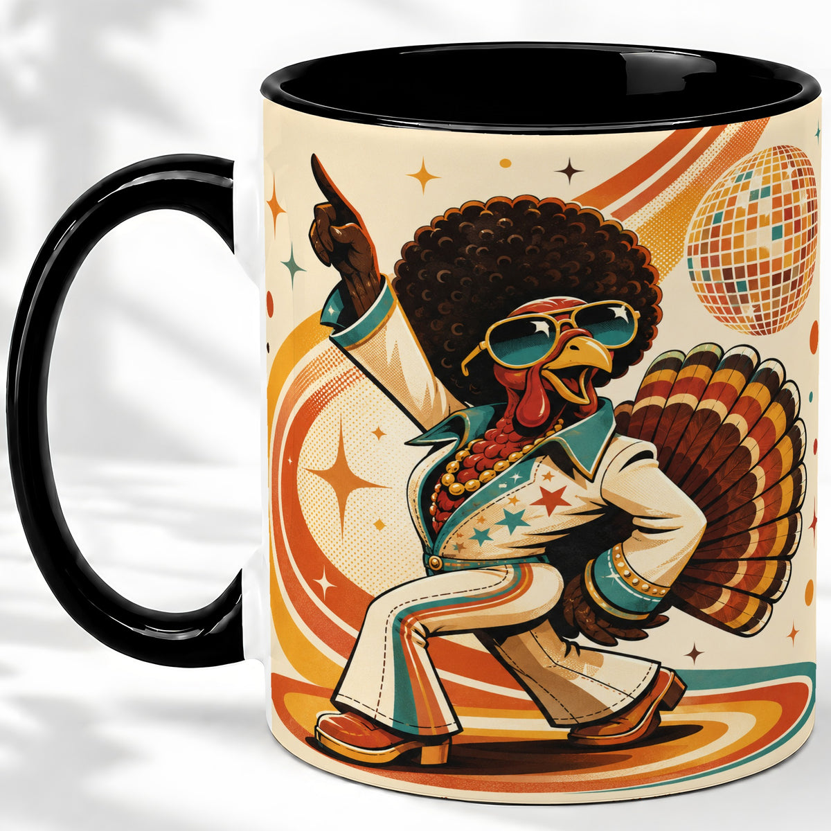 #pl[11oz|Black] Retro Disco Turkey Accent Mug, Ceramic Mug with 70s Dance Artwork