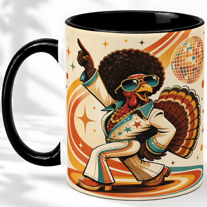 #pl[11oz|Black] Retro Disco Turkey Accent Mug, Ceramic Mug with 70s Dance Artwork