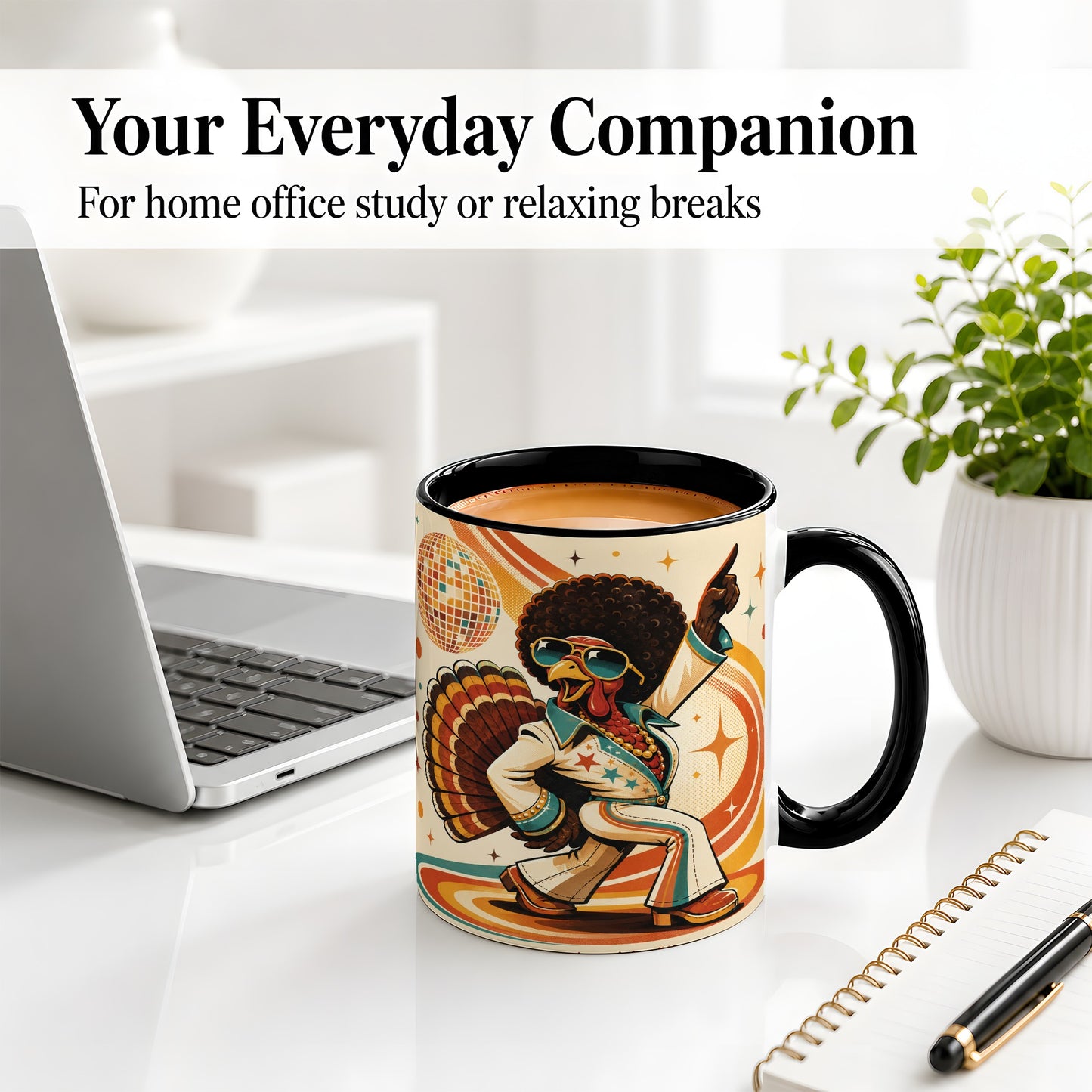 #pl[11oz|Black] Retro Disco Turkey Accent Mug, Ceramic Mug with 70s Dance Artwork