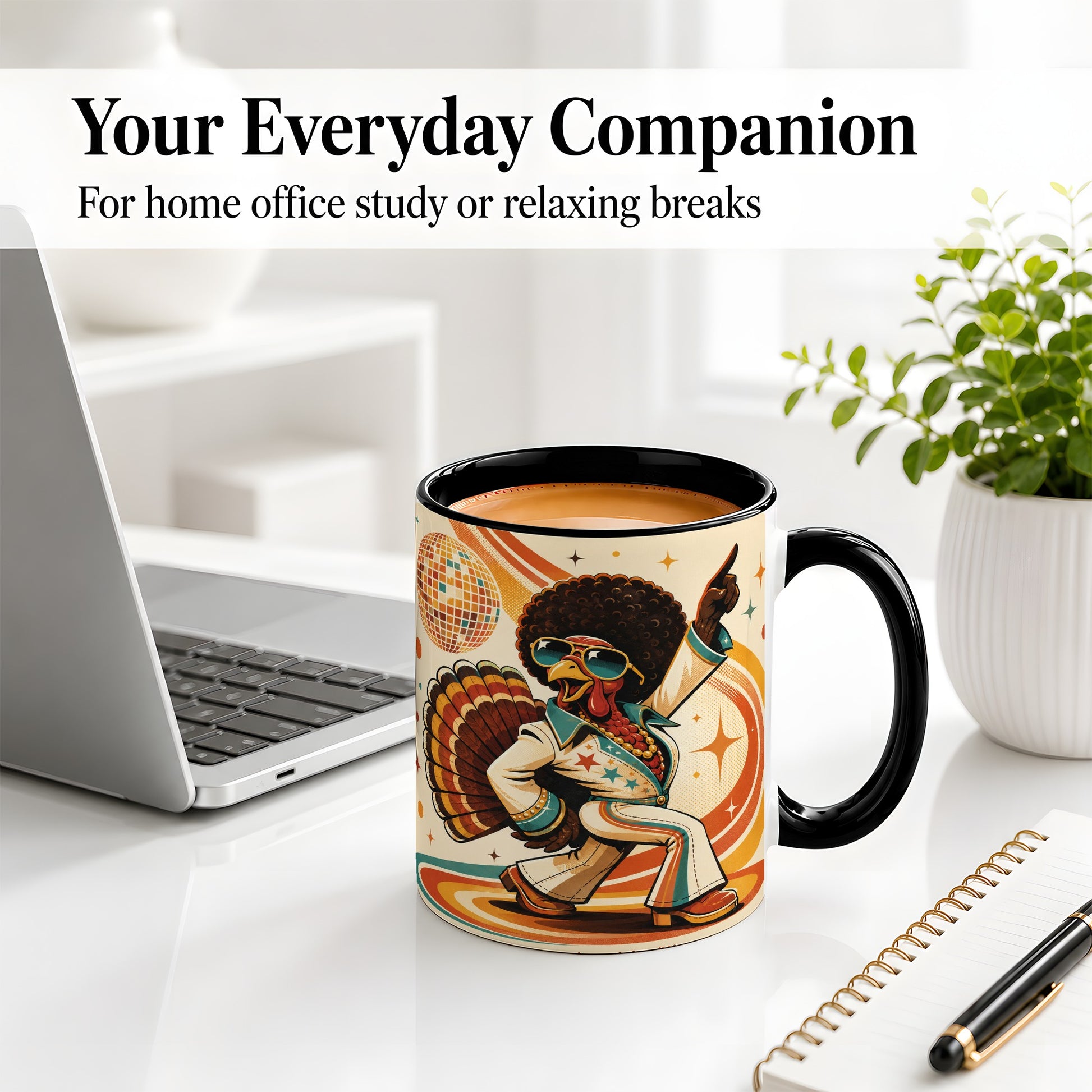 #pl[11oz|Black] Retro Disco Turkey Accent Mug, Ceramic Mug with 70s Dance Artwork
