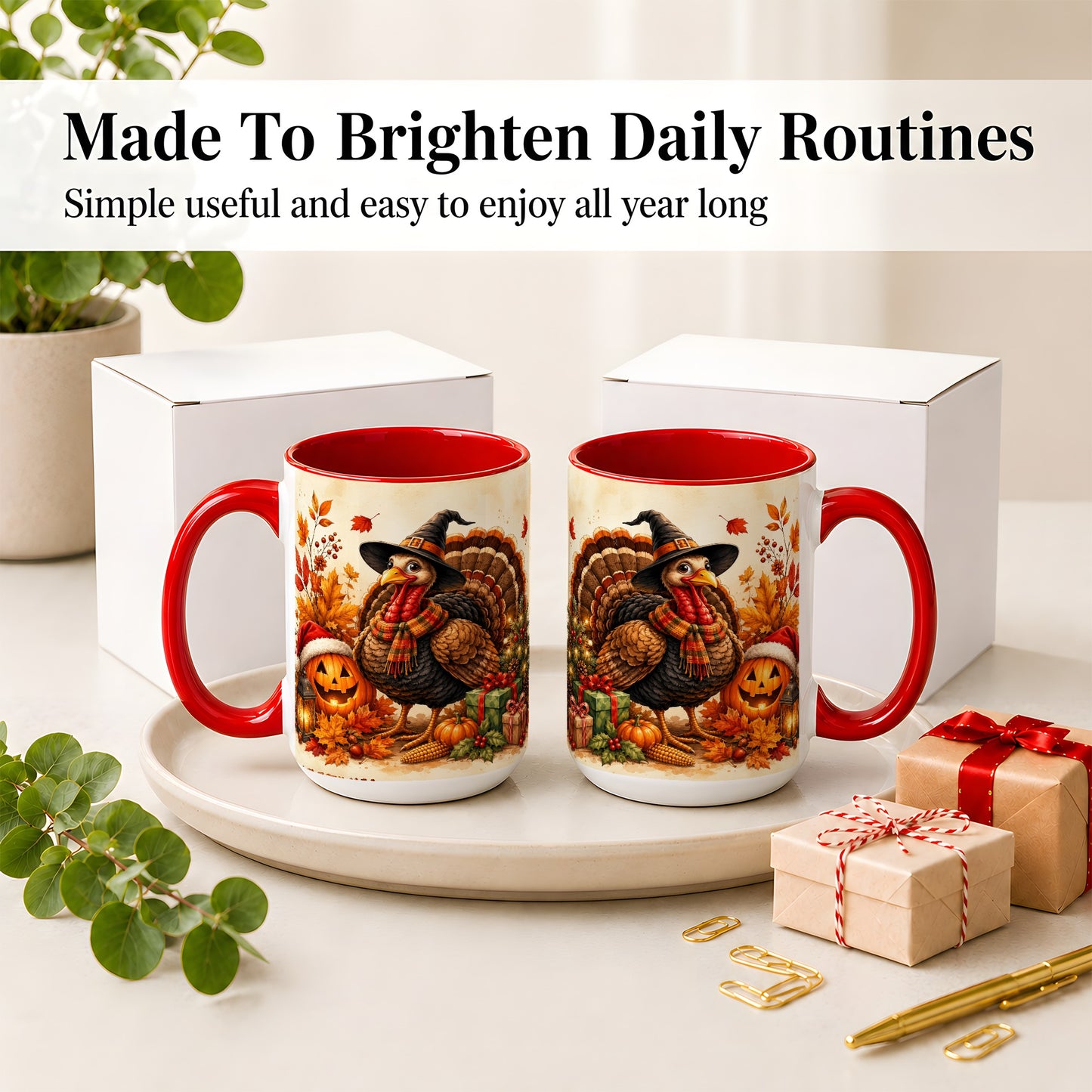 #pl[15oz|Red] Holiday Turkey Accent Mug, Ceramic Mug with Witch Hat Autumn Art
