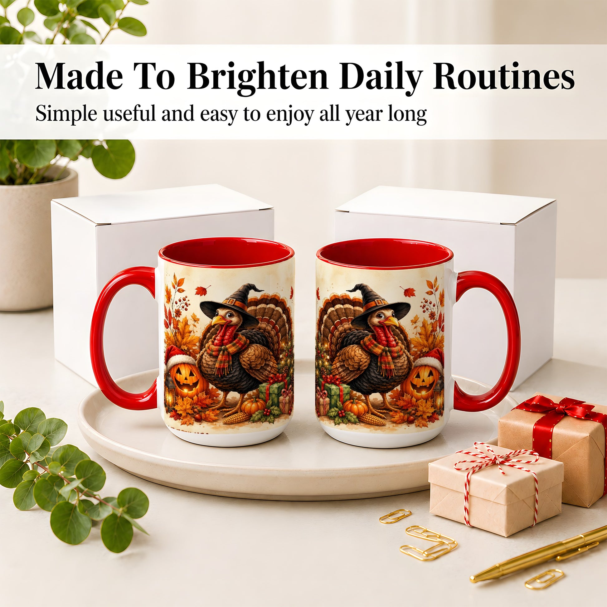 #pl[15oz|Red] Holiday Turkey Accent Mug, Ceramic Mug with Witch Hat Autumn Art