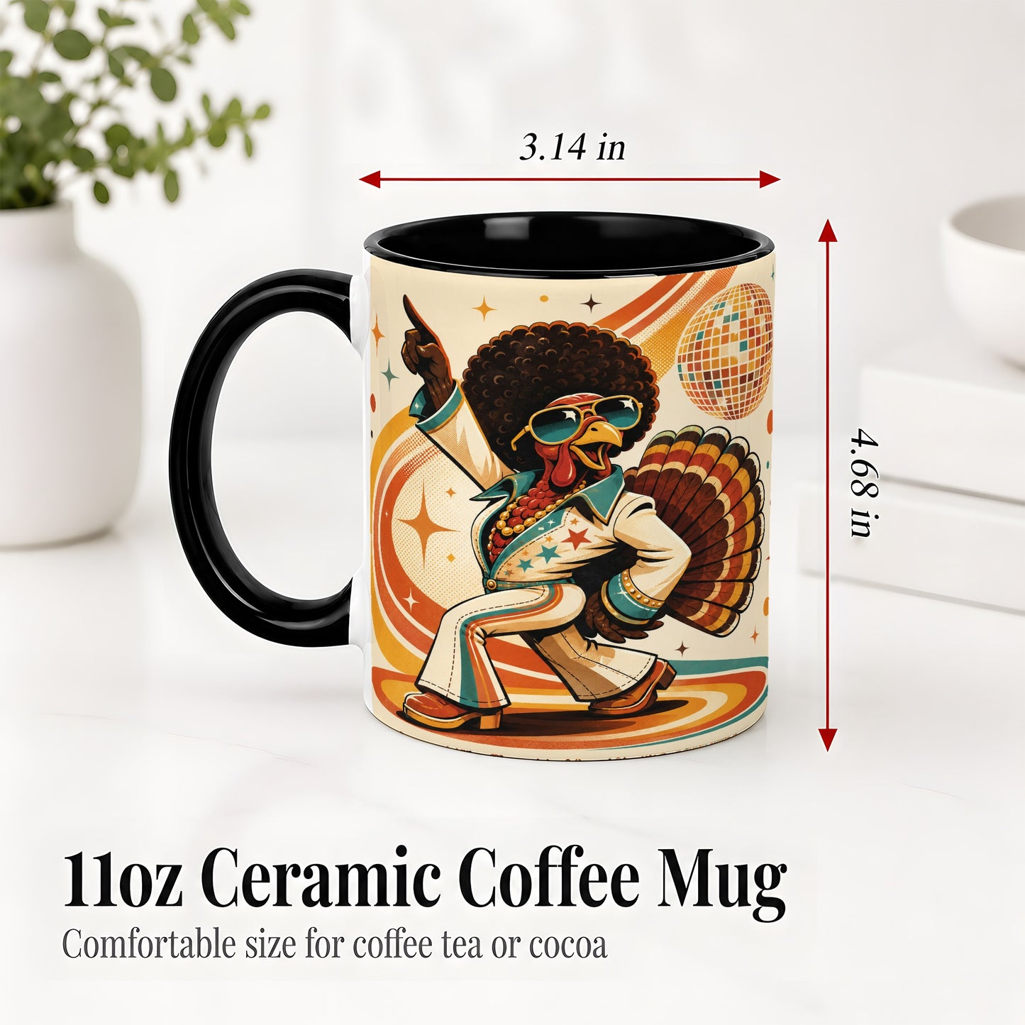#pl[11oz|Black] Retro Disco Turkey Accent Mug, Ceramic Mug with 70s Dance Artwork
