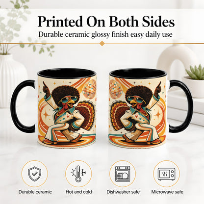 #pl[11oz|Black] Retro Disco Turkey Accent Mug, Ceramic Mug with 70s Dance Artwork