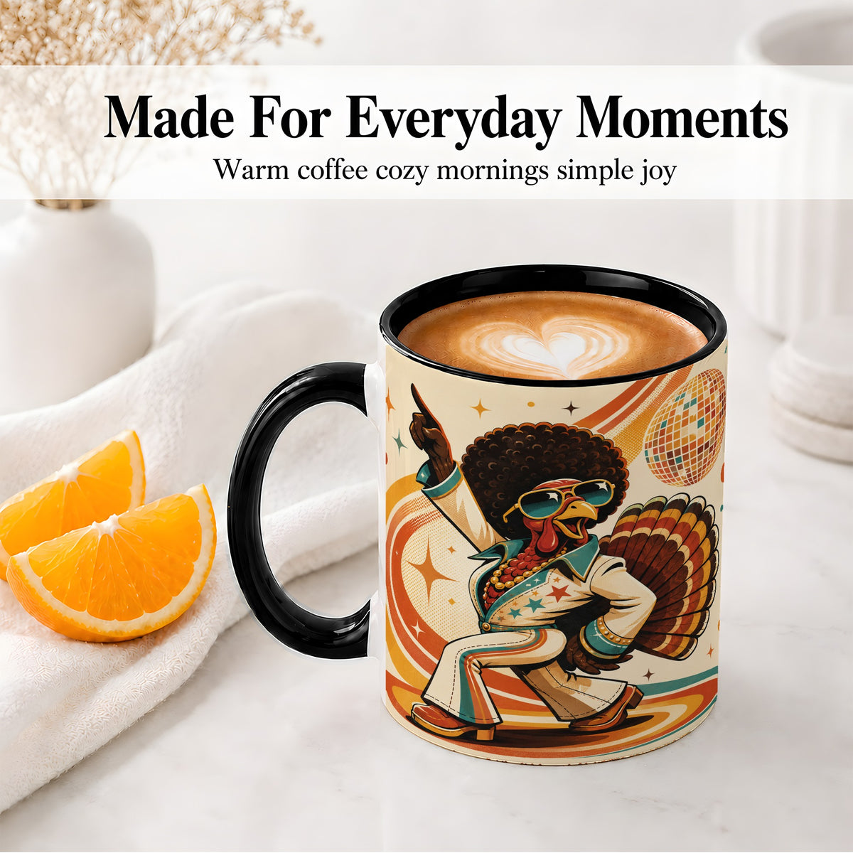 #pl[11oz|Black] Retro Disco Turkey Accent Mug, Ceramic Mug with 70s Dance Artwork