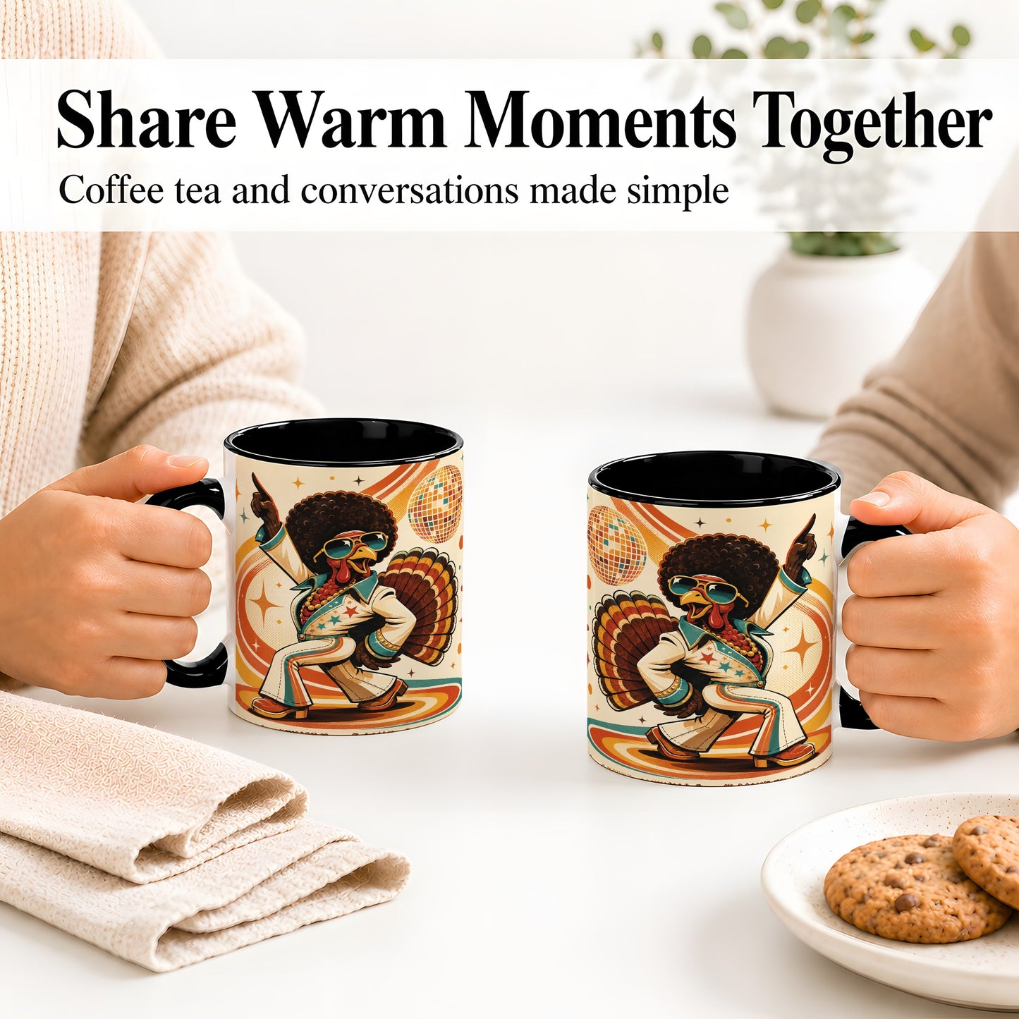#pl[11oz|Black] Retro Disco Turkey Accent Mug, Ceramic Mug with 70s Dance Artwork