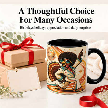 #pl[11oz|Black] Retro Disco Turkey Accent Mug, Ceramic Mug with 70s Dance Artwork