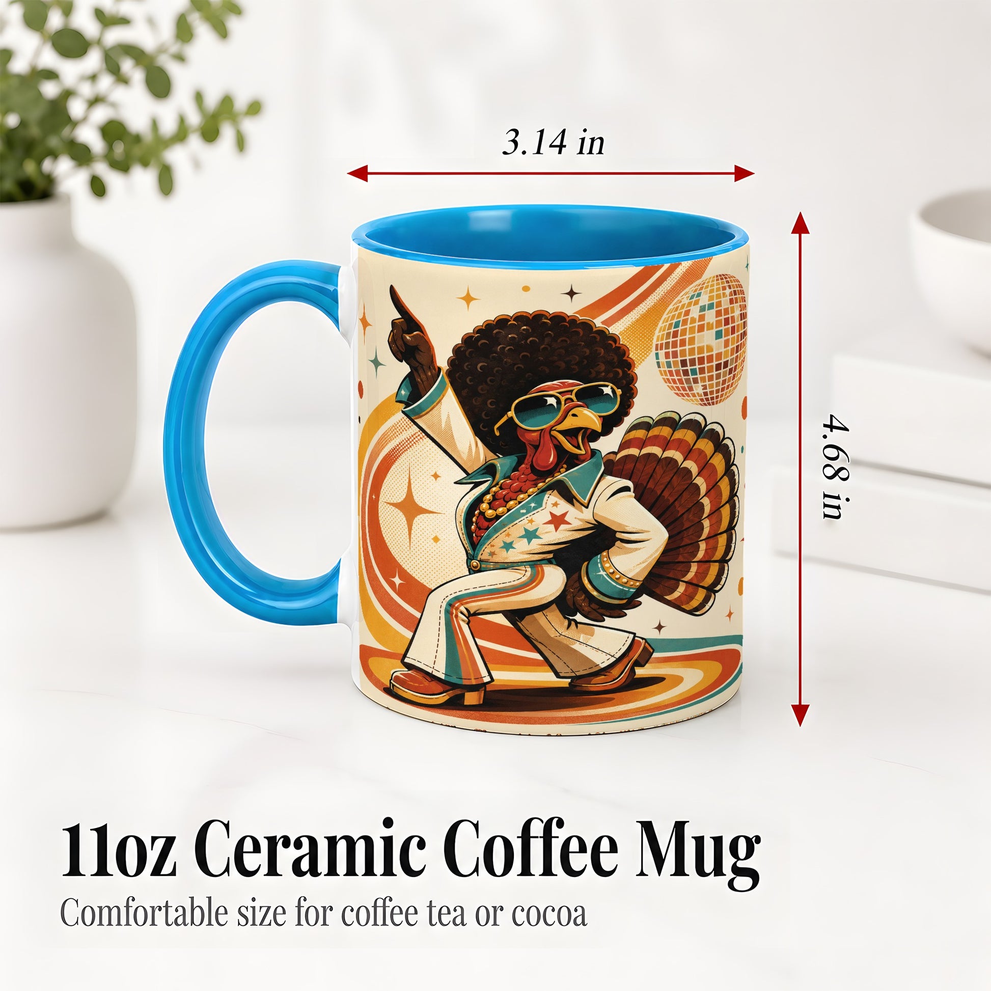 #pl[11oz|Blue] Retro Disco Turkey Accent Mug, Ceramic Mug with 70s Dance Artwork