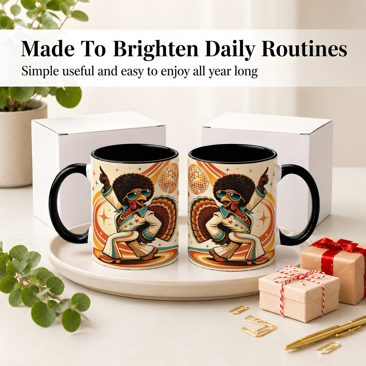 #pl[11oz|Black] Retro Disco Turkey Accent Mug, Ceramic Mug with 70s Dance Artwork