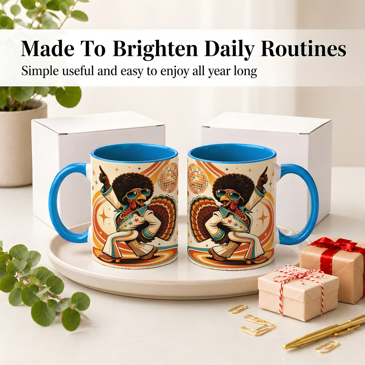 #pl[11oz|Blue] Retro Disco Turkey Accent Mug, Ceramic Mug with 70s Dance Artwork