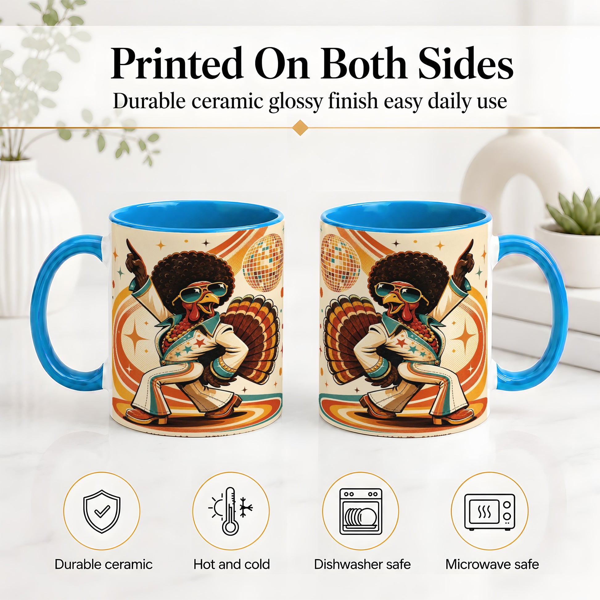 #pl[11oz|Blue] Retro Disco Turkey Accent Mug, Ceramic Mug with 70s Dance Artwork