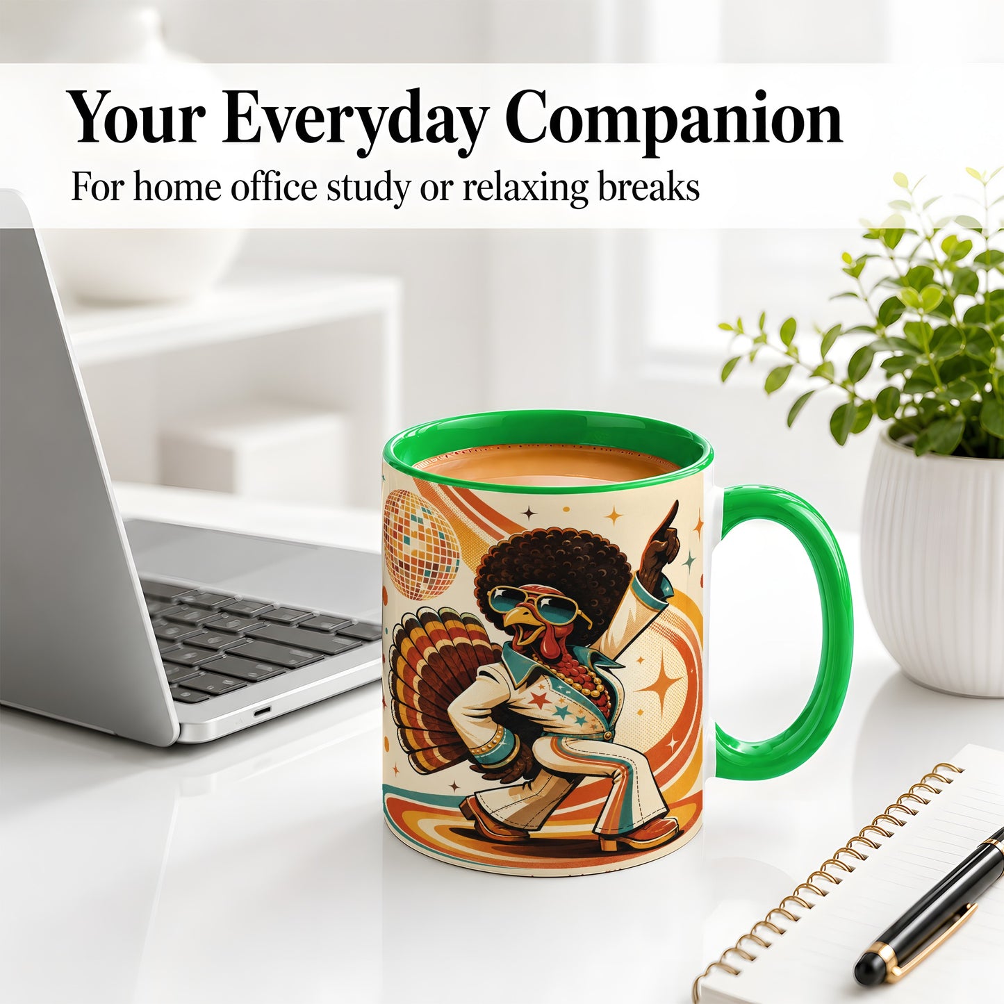 #pl[11oz|Green] Retro Disco Turkey Accent Mug, Ceramic Mug with 70s Dance Artwork