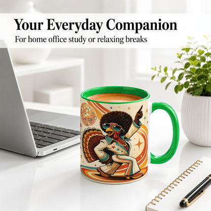 #pl[11oz|Green] Retro Disco Turkey Accent Mug, Ceramic Mug with 70s Dance Artwork