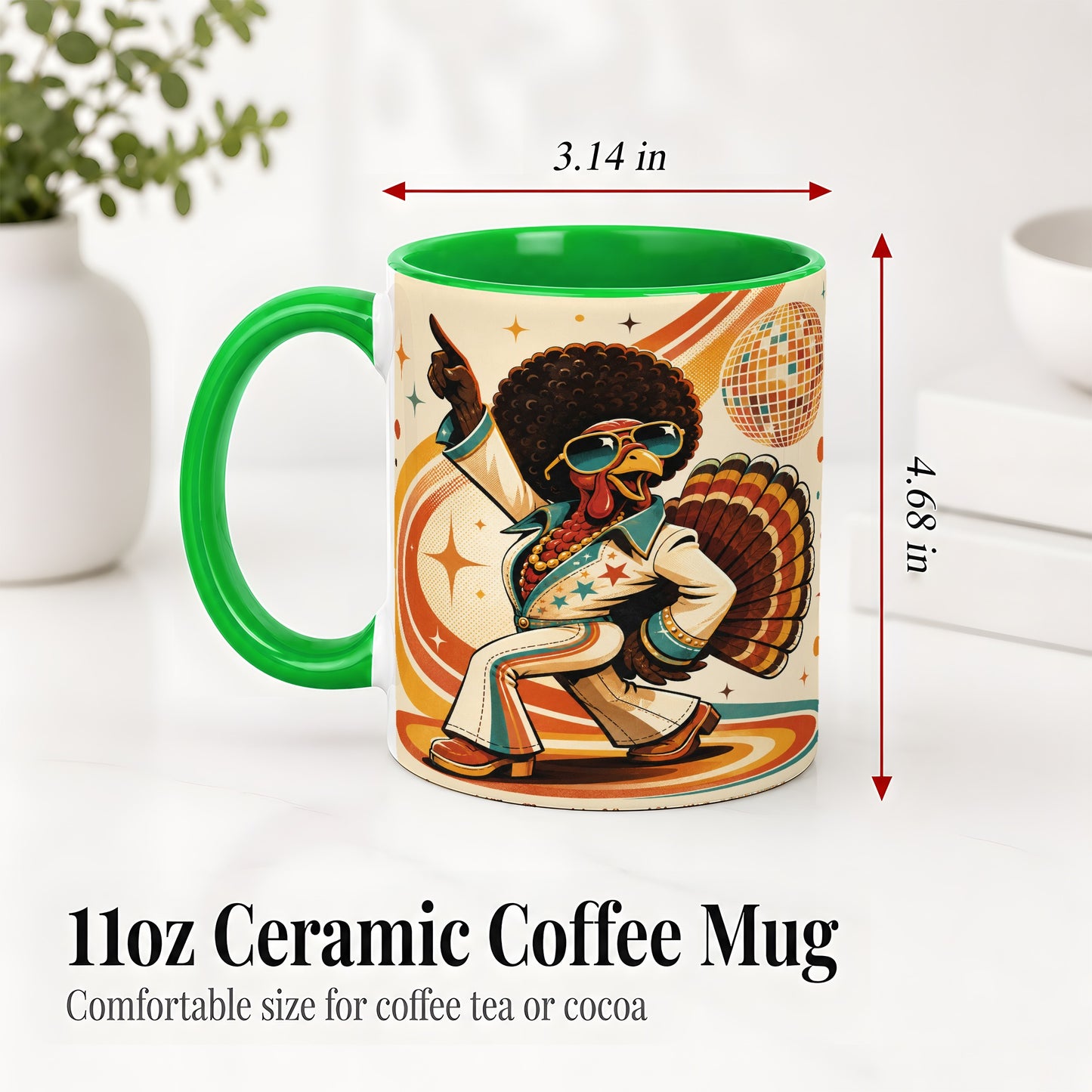 #pl[11oz|Green] Retro Disco Turkey Accent Mug, Ceramic Mug with 70s Dance Artwork