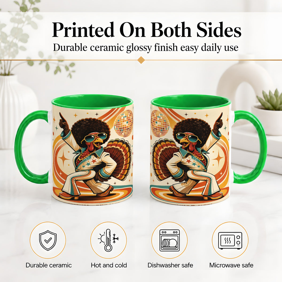 #pl[11oz|Green] Retro Disco Turkey Accent Mug, Ceramic Mug with 70s Dance Artwork