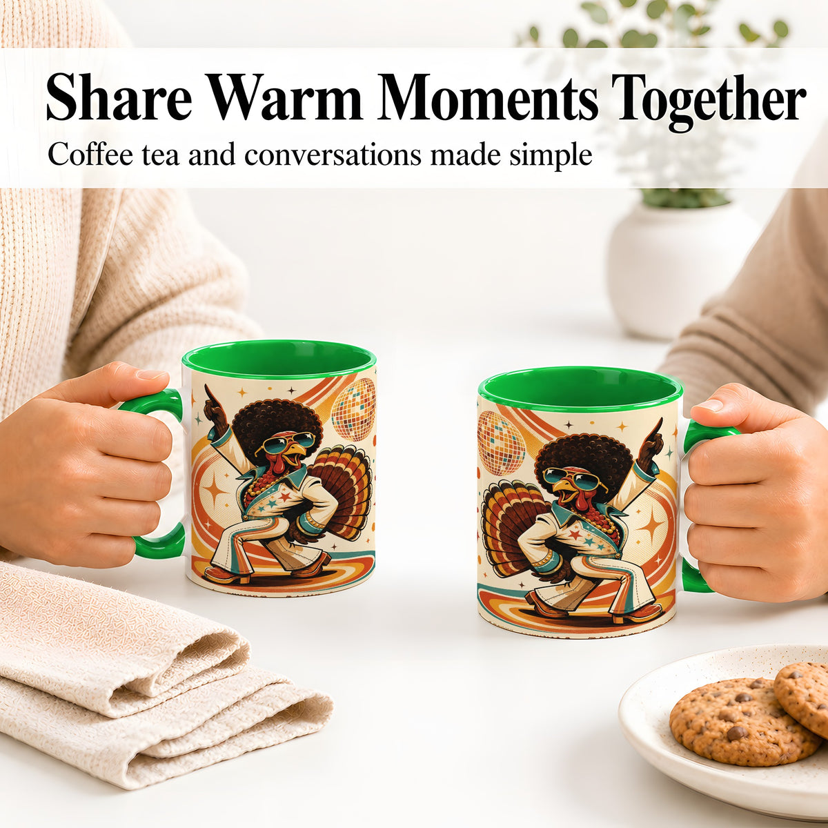 #pl[11oz|Green] Retro Disco Turkey Accent Mug, Ceramic Mug with 70s Dance Artwork