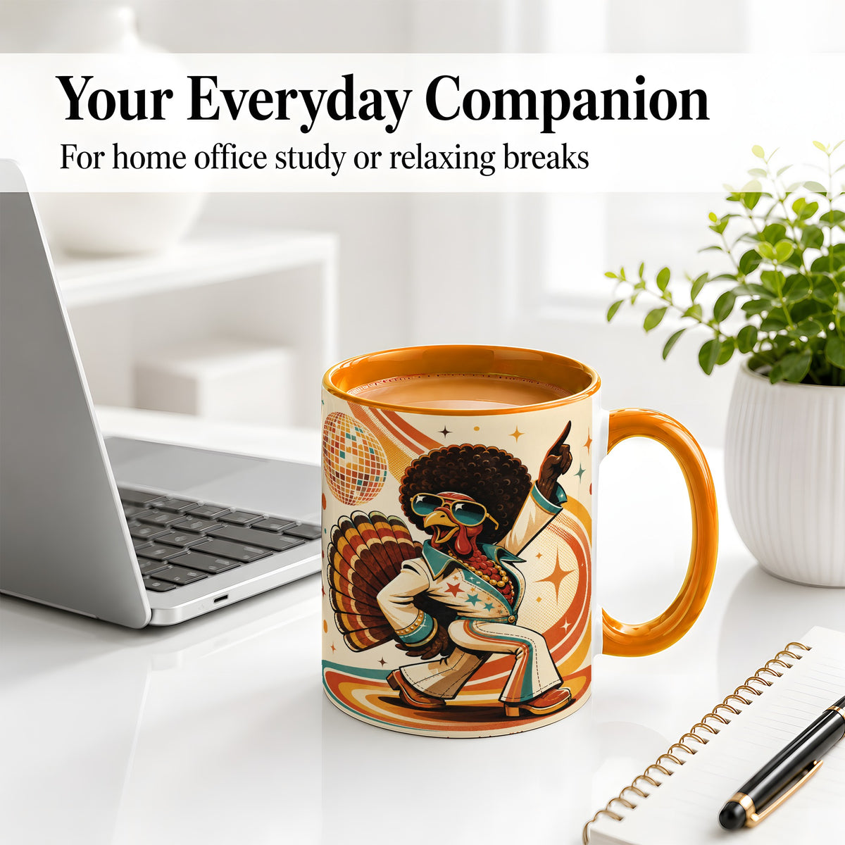 #pl[11oz|Orange] Retro Disco Turkey Accent Mug, Ceramic Mug with 70s Dance Artwork