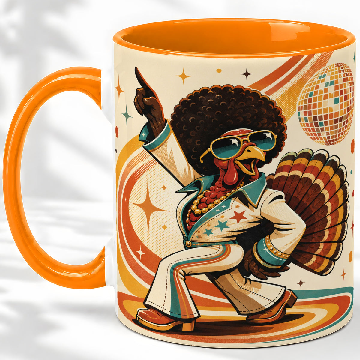 #pl[11oz|Orange] Retro Disco Turkey Accent Mug, Ceramic Mug with 70s Dance Artwork