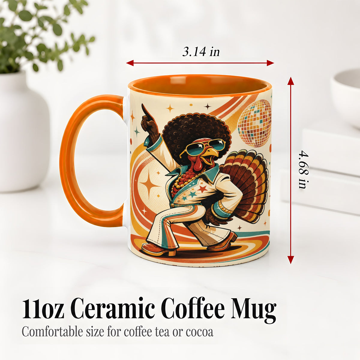 #pl[11oz|Orange] Retro Disco Turkey Accent Mug, Ceramic Mug with 70s Dance Artwork