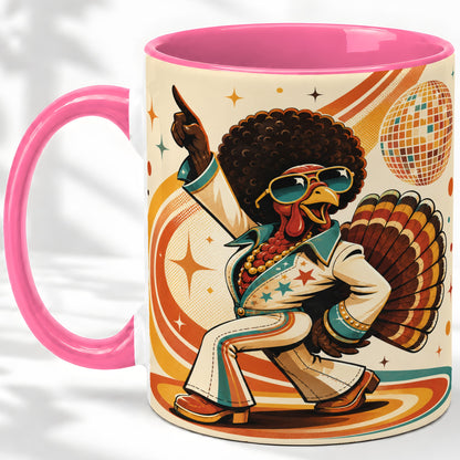#pl[11oz|Pink] Retro Disco Turkey Accent Mug, Ceramic Mug with 70s Dance Artwork
