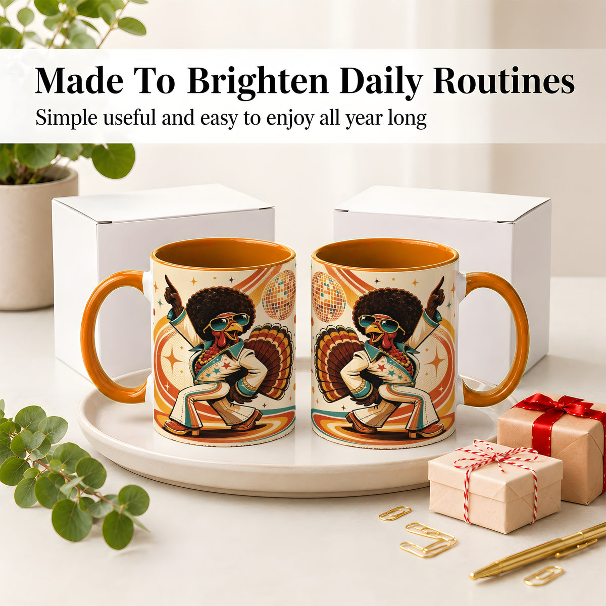 #pl[11oz|Orange] Retro Disco Turkey Accent Mug, Ceramic Mug with 70s Dance Artwork