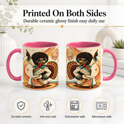 #pl[11oz|Pink] Retro Disco Turkey Accent Mug, Ceramic Mug with 70s Dance Artwork