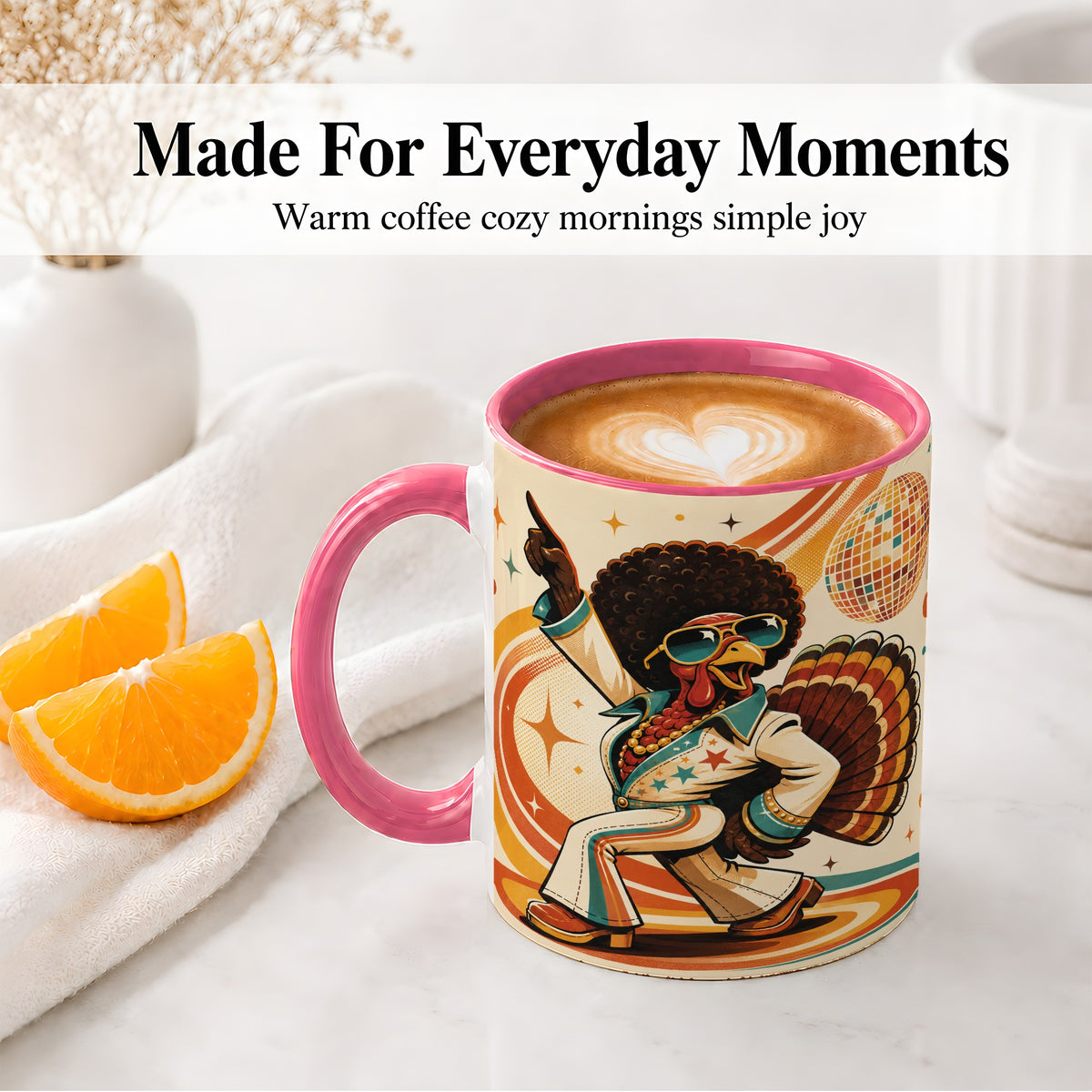 #pl[11oz|Pink] Retro Disco Turkey Accent Mug, Ceramic Mug with 70s Dance Artwork