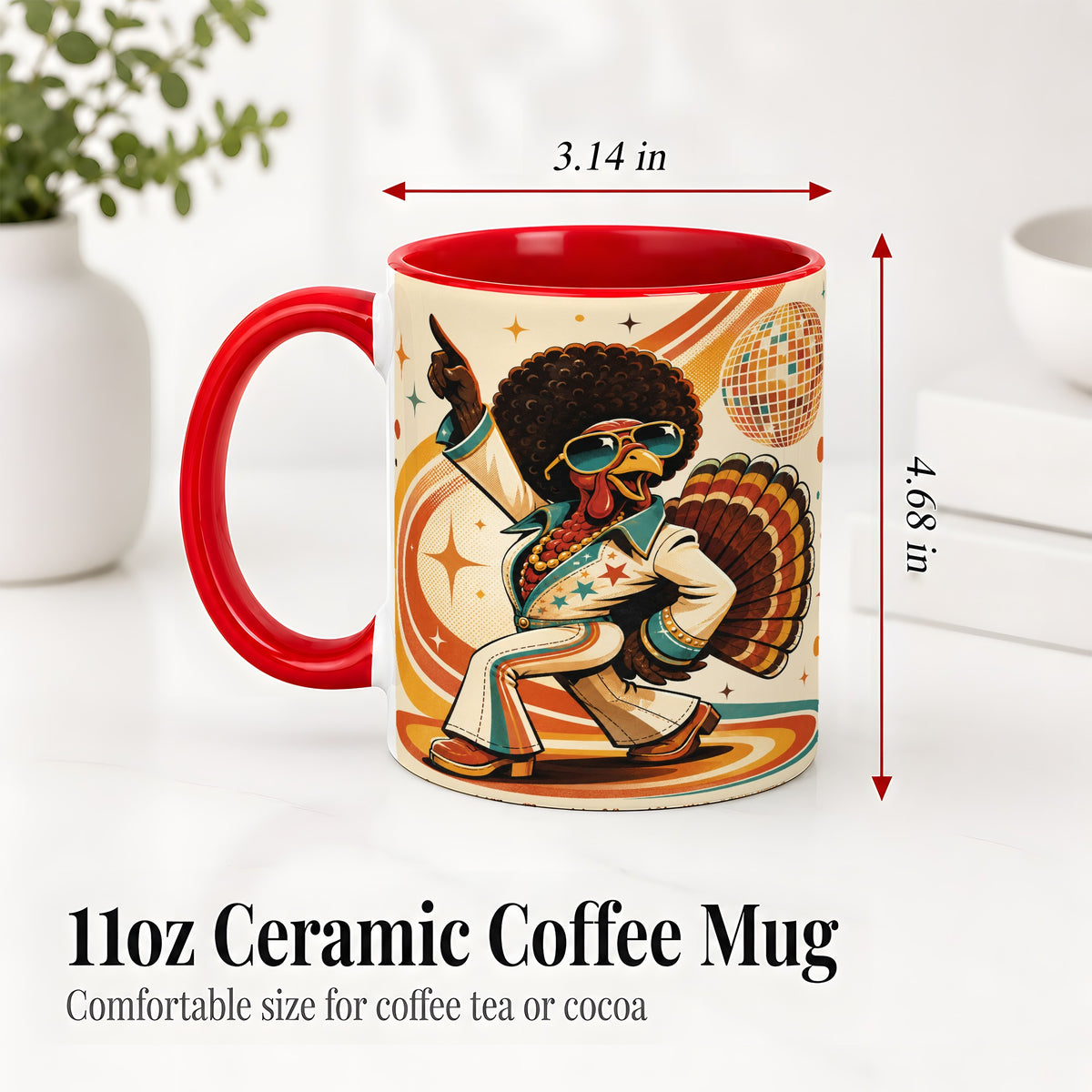 #pl[11oz|Red] Retro Disco Turkey Accent Mug, Ceramic Mug with 70s Dance Artwork