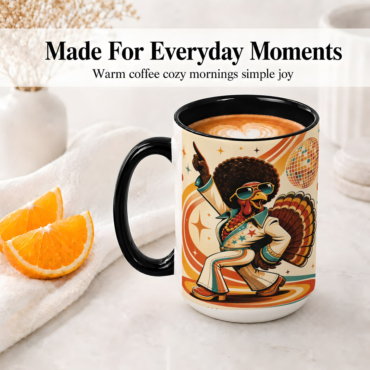 #pl[15oz|Black] Retro Disco Turkey Accent Mug, Ceramic Mug with 70s Dance Artwork